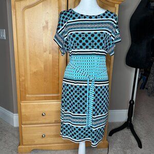White House Black Market Teal, Black, & White Geometric Dress with belt, Size XS